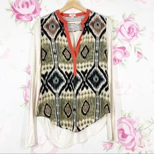 Anthropologie Tiny Aztec Print Boho V Neck Long Sleeve Shirt XS